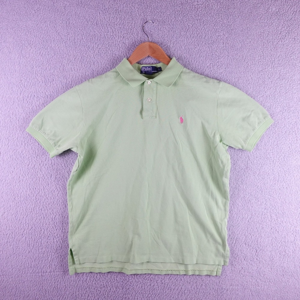 Polo Ralph Lauren Men Large Green Pink Pony Cotton Pique Short Sleeve Polo Shirt
